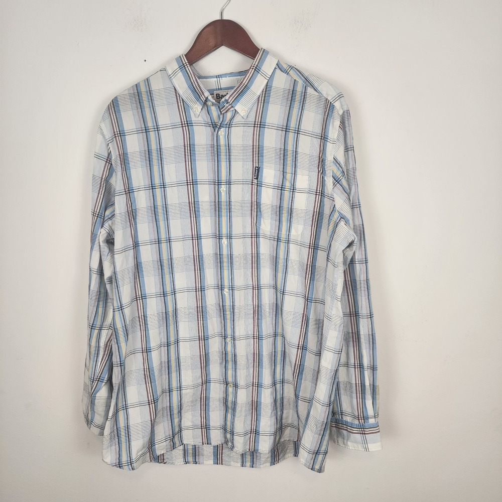 Barbour‎ Button Front Blue Plaid 100% Cotton Long Sleeve Shirt Men's Size XL